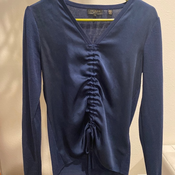 Ted Baker London Navy Blue V Neck Sweater with Ruching - Picture 1 of 6